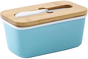 GJIE Porcelain Large Butter Dish with Knife & Wooden Lid, Airtight Butter Keeper for Countertop, Large Butter Holder for All Types of Butter (Blue)