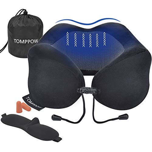 Preisvergleich Produktbild Tomppow Nackenkissen Reise Reisekissen Nackenhörnchen Schlafen Memory Foam Stoff Ergonomisches Nackenstützkissen mit GRATIS Schlafmaske und Ohrenstöpsel (Schwarz)