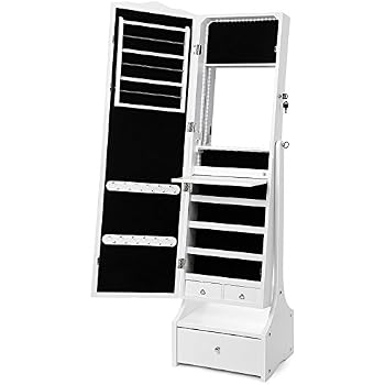 Armoire à Bijoux Pivotante 360° Avec Miroir Et Lumières LED - Coiffeuse Organisateur Avec Serrure - Blanc