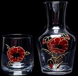 Water Set comprising carafe and glass in a Poppy Design. Handpainted and designed in the UK by Beverley Gallagher, these significant and expressive gifts are ideal for birthdays, anniversaries, weddings, engagements, Christmas, Valentine’s Day, Mother’s Day, Easter and special celebrations.