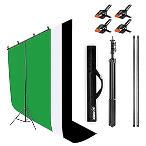 digiMAXX 8X12 portable (Green, white, black) Screen Backdrop with 6X9ft Adjustable T-Shape Background Support Kit for Studio Photography with 4 spring clamps and a carry bag for Video Zoom Streaming Gaming. (BWG)