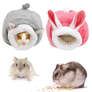 BILLIOTEAM 2 Pcs Small Hamster Bed Hideouts and Houses, Cotton Small Animal Pet Nest Cave, Cute Warm Bed for Hamster (Grey and Pink)