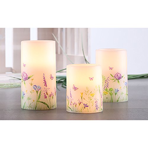 Preisvergleich Produktbild 3tlg Frühlingskerzen LED-Wachs-Kerzen-Set Leuchten Wachs Flammenlos mit Fernbedienung Weiß Motiv Blumen