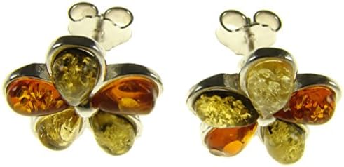 Baltic amber and sterling silver 925 multi-coloured flower leaf stud earrings