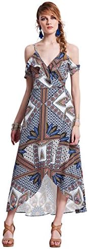 Bohoartist Chiffon V-Neck High Waist Front Split Cold Shoulder Raglan Sleeves Geometric Pattern A Line Maxi Dress