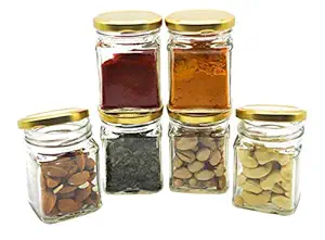 GLAZZURE - Strong & Durable 100grams Glass Jars and Containers with Airtight Gold Caps as Kitchen Organizer Items & Kitchen Accessories Items - Set of 6 Pcs