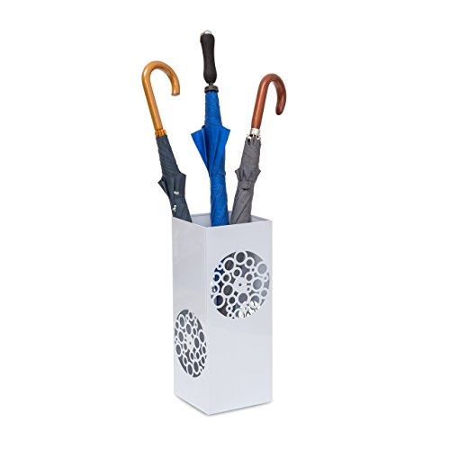 Relaxdays Regenschirmständer eckig in HBT 47,5 x 20 x 20 cm Metall Schirmständer mit Wasserauffangschale für Regenschirm, Gehstock oder Nordic Walking Stöcke aus Stahl mit schöner Ornamentik, weiß