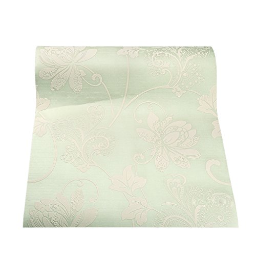 Kinlo 0.53x10m 3D Relief Blumentapete Vliestapete Wandtapete Mustertapete für Wohnzimmer Kinderzimmer und Schlafzimmer Hellgrün - 2