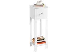 Yaheetech Mesita de Noche de Estrecha 25x25x70cm Mesita de Noche Alto con Cajón Mueble para Teléfono de Sofá, Dormitorio Color Blanco