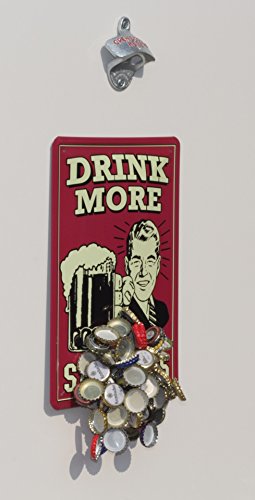 Flaschenöffner für Wand-Montage / Bier-Öffner mit Magnet – Falle / Magnet-Fang + Blechschild „Drink more, study less“ - 2