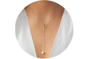 FUNEIA Kette Gold Damen 14K Vergoldete Modeschmuck Kette Lang Y Kette mit Herz Perlen CZ Anhänger Wasserfeste Verstellbare Ankerketten Tropfen Halskette Gold für Frauen Schmuck