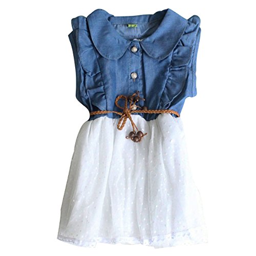 KKia Baby Girls Sleeveless Pleated Polka Dot Panelled Lace Jeans Belt Dress White 18-24 Months