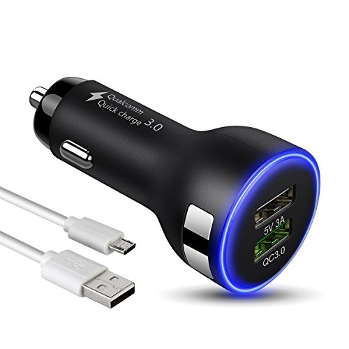 QC 3.0 Auto LadegerÃ¤t, Zeonetak 5V 3A+QC3.0 Dual Rapid Charging USB iPhone Universal-SchnellladegerÃ¤t fÃ¼r alle Apple iOS- oder Android-GerÃ¤te mit blauem LED-Licht + Android-USB-Kabel - Schwarz