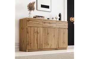 Jaxenor Oak Effect Sideboard for Living Room, Farmhouse Buffet Cabinet with 3 Drawers & 3 Doors for Dining Room Kitchen, Server Bar Wine Cabinet with Adjustable Shelves, 135x40x81cm
