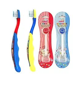 Adore Kid's Toothbrush with Cap and Tongue Cleaner Combo (Multi-Color, Pack of 4)