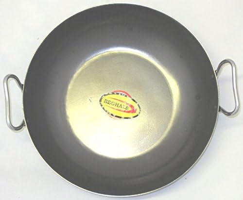 Asian Indian Curry/Balti Black Iron Rustic Wok/Karahi Cooking/Serving with Stainless Steel Handle (12")