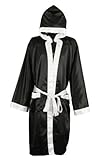 Maxx Sports Ltd NEW MENS/WOMENS HOODED SATIN BOXING CONTEST ROBE MUAY THAI BOXING KICK BOXING 4 COLOURS (Black/White, Medium)