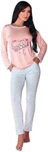LivCo Corsetti Luxury Super Soft Long Sleeved Pyjama Top and Matching Bottoms Set (Large/X-Large (UK 12 to 14), Peach/Light Blue)