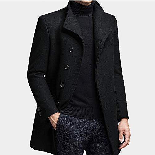 Herren Wolljacke Revers Langarm Jacke 2 Eingebaute Tasche Einreihige Jacke Winddicht Und Warm,Black-M