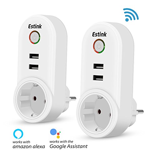 Enchufe Inteligente, WiFi Inalámbrico 2 Pack con 4 USB Smart Plug EU Funciona con APP para Android e iOS (Control Remoto, Temporizador, Programador, Amazon Alexa, Google Home)