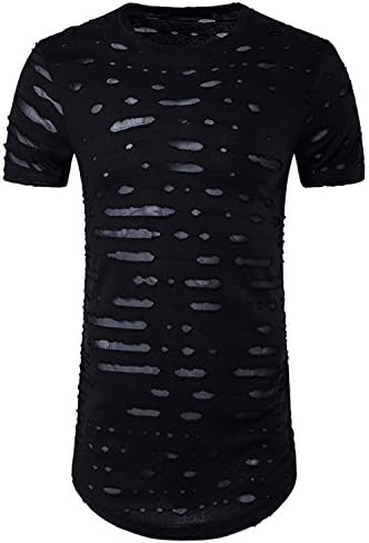 JOLIME Men's Hipster Hip Hop Short Sleeve Shaped SWAG Ripped Hole Longline Plain Tee T-Shirt Black L