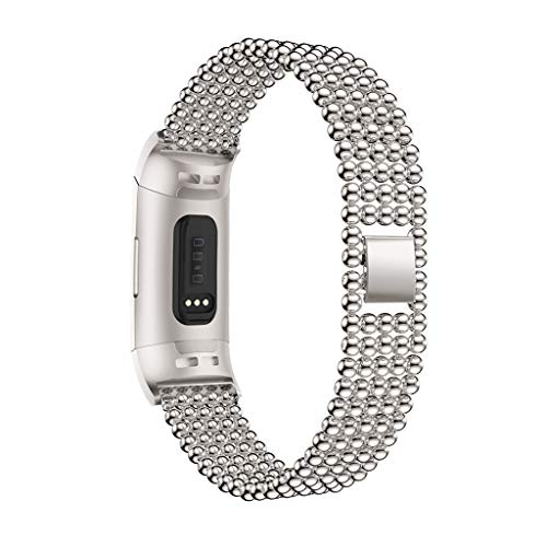 Preisvergleich Produktbild Armband für Fitbit Charge 3, Smartwatch Zubehör Edelstahl Perlen Ersatzarmband Armbänder Smartwatch für Frauen (Silber)