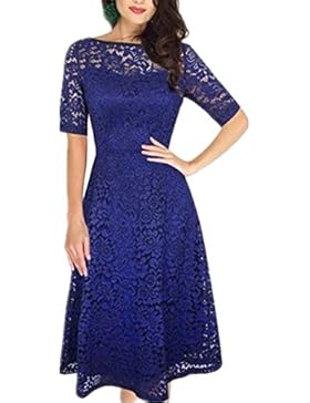 ASCHOEN Damen Spitzenkleid Abendkleid Vintage Off Schulter Knielang A-Linie Cocktailkleid Retro Spitzen Langarm...