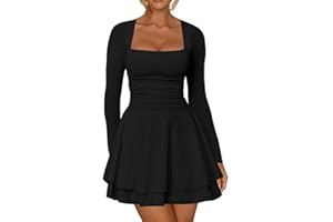 RPAEOY Robe Femme Élégant Longue Manches à Ourlet Volanté Plissée Col en Carrée Sexy Bodycon Courte Slim Fit Mini Robes pour Soirée Cocktail Party