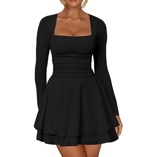 Robe Bodycon Noire Sans Manches Col Carré - Mini Robe Sexy Pour Soirée - Polyester Stretch - Taille Haute