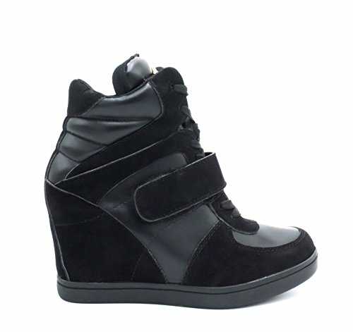 Baskets Compensées Femmes Montantes – Chaussure Sneakers Bimatière De Ville Talon Haut - Tennis Casuel en Daim Scratch Lacet– Imitation Suède – Chic Mode Tendance, Noir, 38 EU