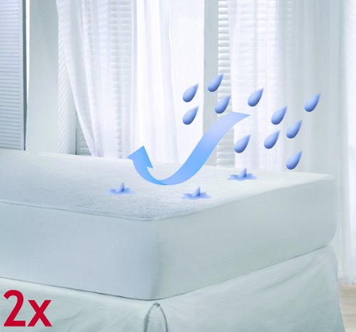 Set (PACK) of 2 Velfont Waterproof Terry Towelling Mattress Protector - Fitted, Single Size (90x190/200cm)