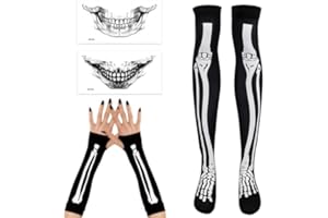 MORLUKS Halloween Netzstrumpfhose Schwarz, Skelett Strumpfhose Damen, Skelett Halloween Kostüm Damen, 2 x Halloween Tattoo Gesicht Skelett, Skelett Handschuhe Armlinge, für Halloween, Karneval, Mottoparty