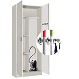Acabado de melamina color blanco, Armario multiusos escobero de dos puertas. Espacio alargado de almacenaje a la derecha, 3 estantes a la izquierda y un estante superior
