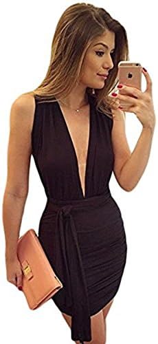Women Fashion Black Sexy Backless Deep V-neck Ruched Dress ((US 12-14)L, Black)