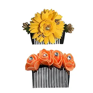 GadinFashion? Bridal Fancy Hair Accessories Floral Clip Side Comb Juda Pin for Women and Girls Pack-02,Color-Orange & Yellow