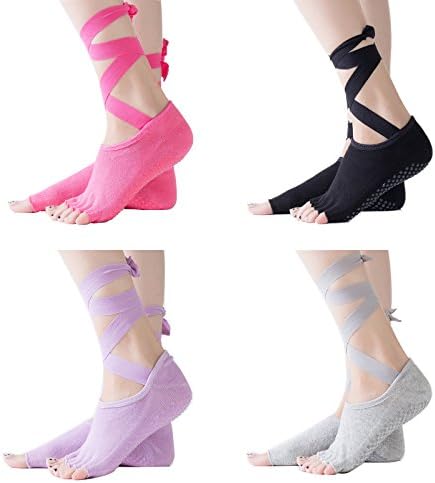 4 Pair Non-Slip Half Toe Yoga Socks with Grips for Women Ballet Barre Pilates Socks