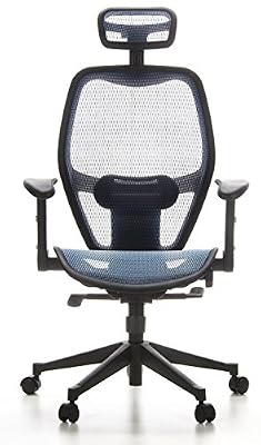 hjh OFFICE 653060 chaise de bureau, fauteuil de bureau AIR-PORT bleu, siège de bureau professionnel avec accoudoirs escamotables, avec soutien lombaire, dossier inclinable en maille réspirant