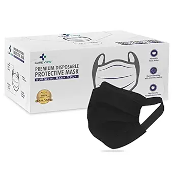 Careview 3 Ply Disposable Face Mask Box with FABRIC Earloop , Certified by BFE>99% and PFE > 95%, SITRA, DRDO, ISO and CE (Black) (Pack of 50)