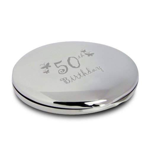 Silver Finish Engraved 50th Birthday Round Compact Mirror with Butterflies Great Idea for Birthday Gift Friends Presents Gifts