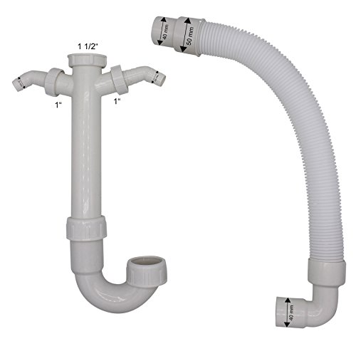VARIOSAN Flexibler Röhrensiphon 11497, 1 1/2″, 2 Siphon-Geräteanschlüsse 1″, für Küchenspüle, Spülmaschine und Waschmaschine - 3