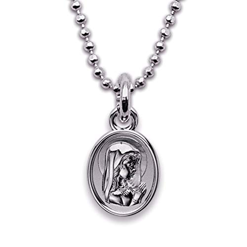 Casa de la Medalla - Medalla Mini Virgen Niña con Velo 6x8 mm, Muy Pequeña, Tipo Lenteja, con Cadena Corta Diamantada 40 cm, Especial Comunión, Plata de Ley 925 milésimas