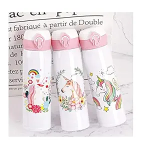 Vikas gift gallery BPA-Free Unicorn Cartoon Printed Stainless Steel Insulated Sipper Water Bottle for Girls /Flask for Kids, School (500 ml, White Or Purple Random Design Pack of 1