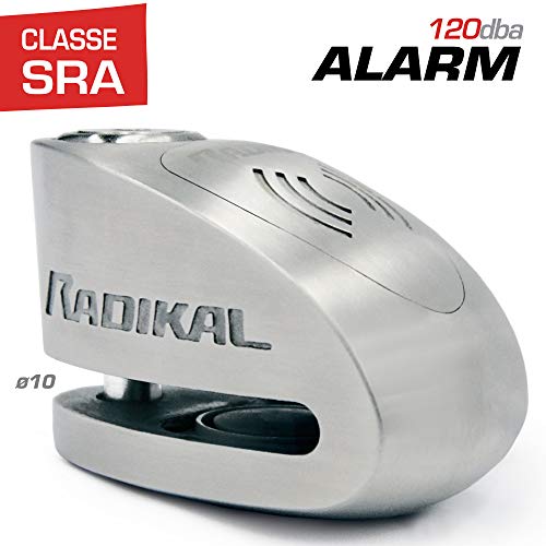RADIKAL RK910S Antivol Moto Bloque Disque Alarme 120 DB Ø10 Double Fermeture, homologué SRA, Acier Inoxidable