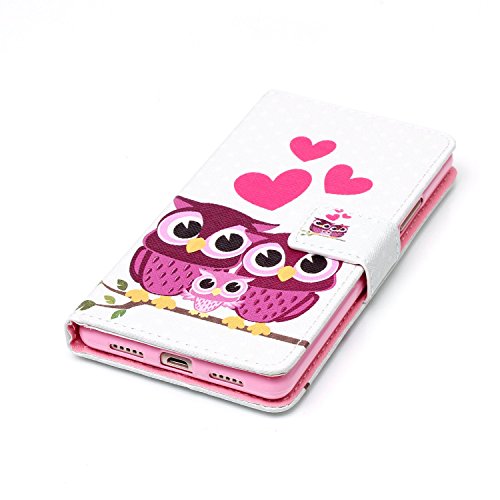 Etsue für Huawei P9 Lite Eulen Rot Liebe Herz Ledertasche Lederhülle Flip Cover Case Muster, Bunte Retro Vintage Painted PU Leder Brieftasche Schutzhülle Tasche Wallet Case Handyhüllen Etui Schale im Bookstyle mit Standfunktion Kredit Kartenfächer für Huawei P9 Lite + 1x Glitzer Staub Stecker + 1x Blau Eingabestift(Funny Owls Love Heart) - 2