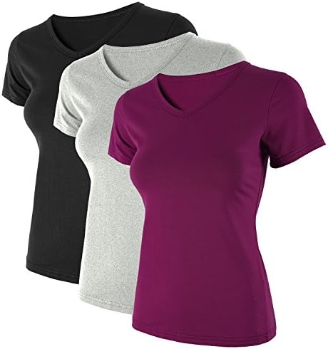 HENCY Women's V-Neck Basic T-Shirt Short Sleeve Cotton 3 Packs Top Tee Black Grey Fuschia