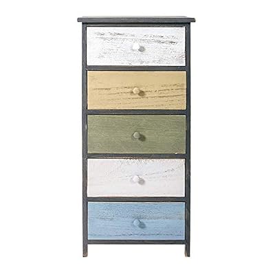 Rebecca Mobili Commode Vintage, Armoire de Rangement 5 Tiroirs, pour Chambre Salle de Bain, Bois de Paulownia, Gris Blanc Beige Bleu Clair - Dimensions: 87 x 40 x 29 cm (HxLxL) - Art. RE4885