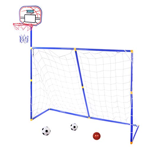 MRKE 3 EN 1 Canasta Baloncesto + Portería de fútbol para Niños Juguete Plegables con 2 Fútbol y 1 Baloncesto, 158*158*45.5cm