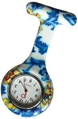 Blue Floral Swirls Silicone Nurse Doctor Paramedic Tunic Brooch Fob Watch Medical Watch