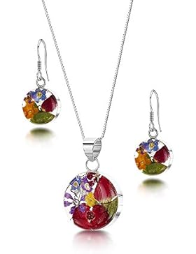 Silberschmuck mit echten Blumen: Kette, Anhänger & Ohrringe - Gemischte Blüten - rund - in Geschenkbox