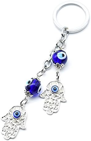 Muzuri Feng Shui Amulet Talisman Nazar Hamsa Hand Blue Evil Eye Keychain Key Ring/Key Chain for Protection (Sliver Hamsa)